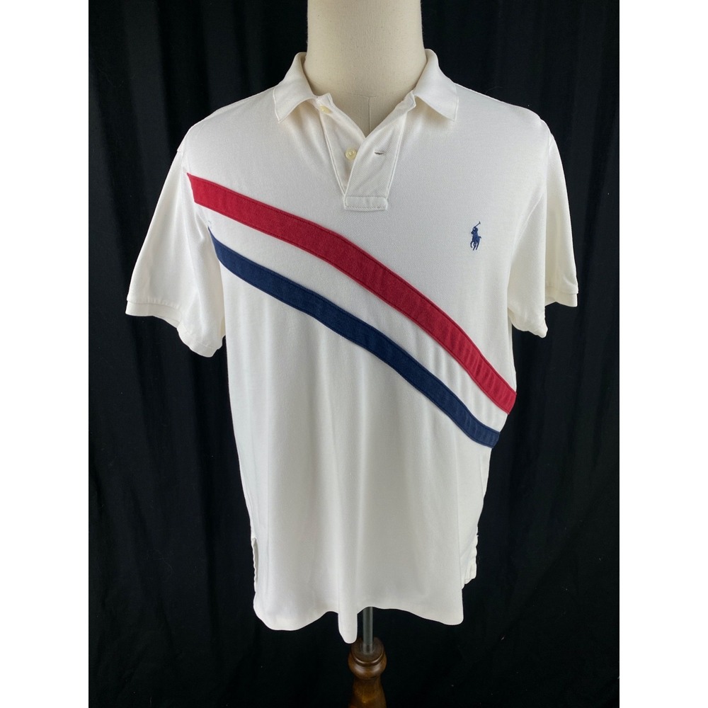 Polo Ralph Lauren Mens XL Custom Fit Diagonal Striped Polo Shirt White